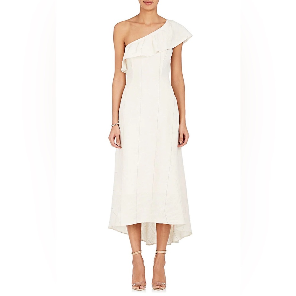 NWT A.L.C. One Shoulder Linen Silk Ruffle Overlay Midi Dress Ecru Navy Stripe - Picture 3 of 11